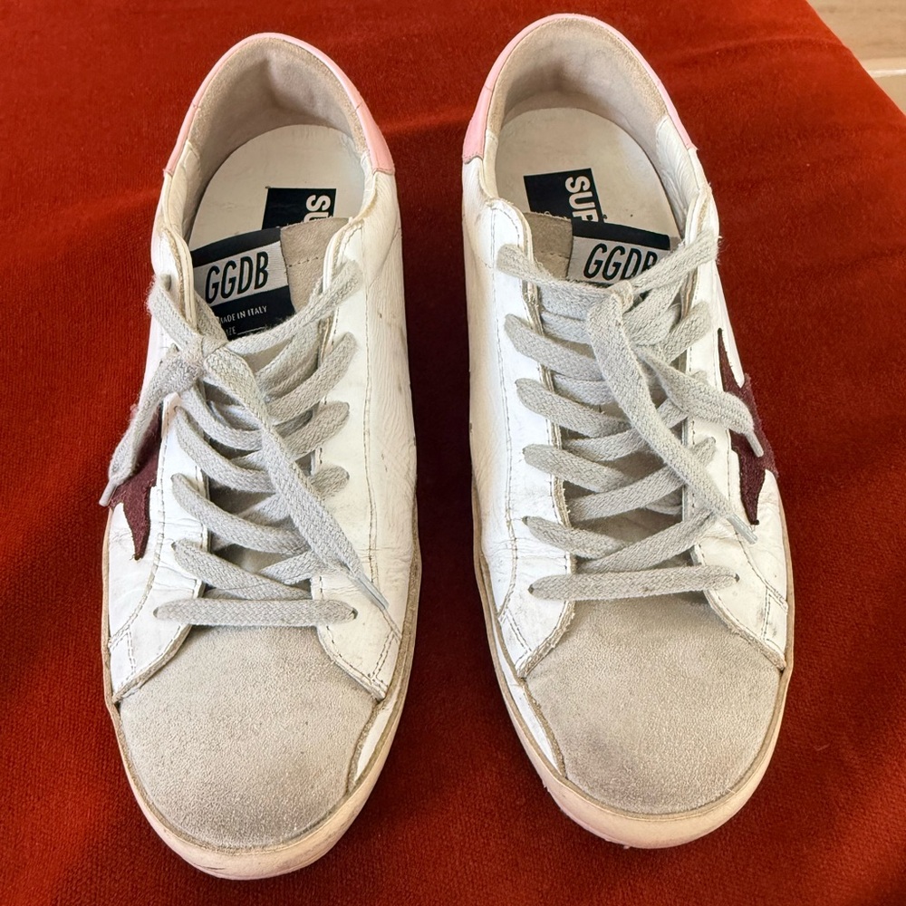 Golden Goose White and Red Sneakers
